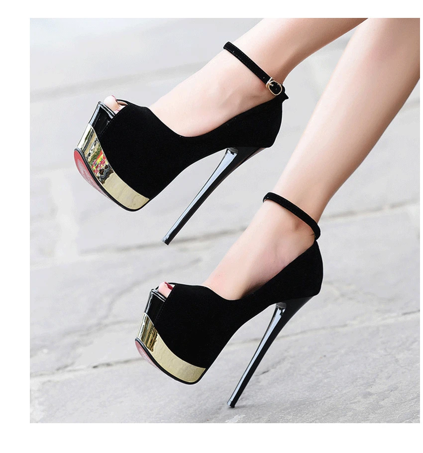 Для женщин очень высокий каблук пикантные тонкие туфли на платформе; туфли с широко открытым носком вечерние туфли-лодочки женские Свадебные туфли с красной подошвой и пряжкой; каблук 16 см Туфли под платье