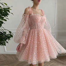 Robe De bal courte en dentelle rose pour filles, avec manches longues, bretelles Spaghetti, longueur aux genoux, Simple