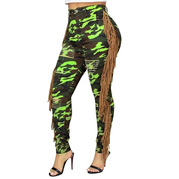 

High Waist Tassel Camo Ripped Skinny Pants Women Fall Winter Streetwear Military Camouflage Trouser Sexy Harajuku Bodycon Jogger