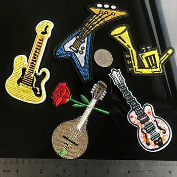 

New Musical Instruments Embroidered Iron On Patches for clothing Rock Guitar Baritone Appliques DIY Clothes Coat Badges Parches