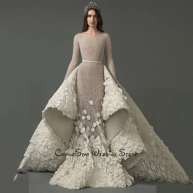 

Gorgeous Arab Muslim Long Sleeve Wedding Dress with Detachable Skirt Full Lace with 3D Applique Dubai Bride Gowns