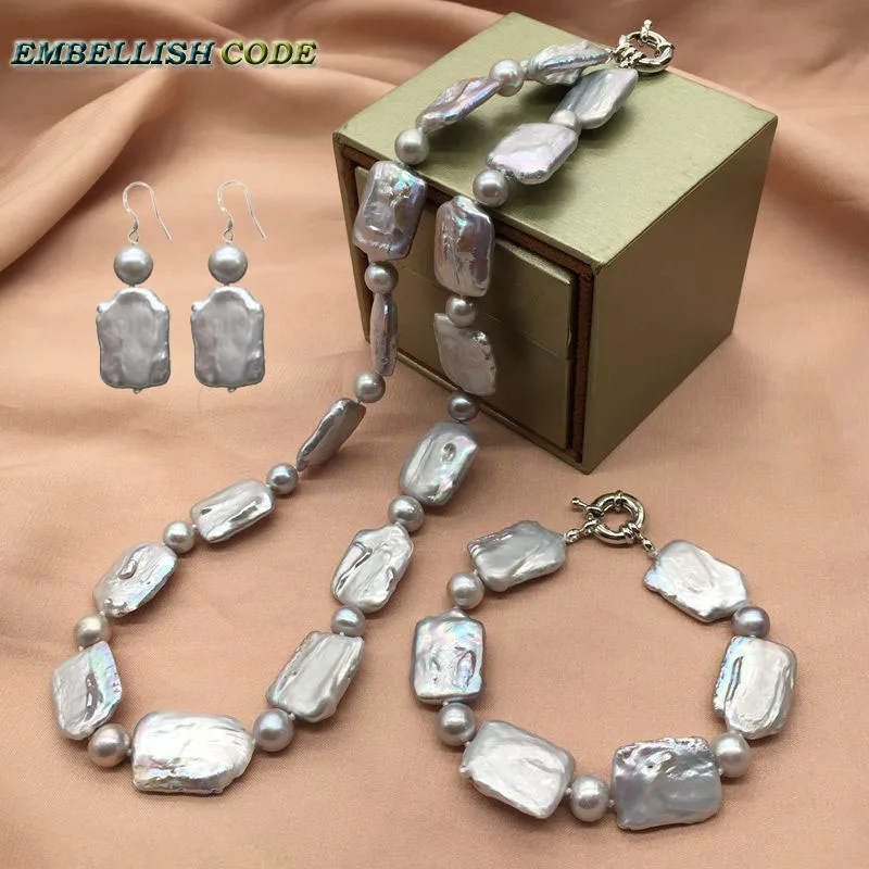 

choker statement necklace bracelet hook earring set gray color baroque pearls flat square 8mm beads nearround natural freshwater
