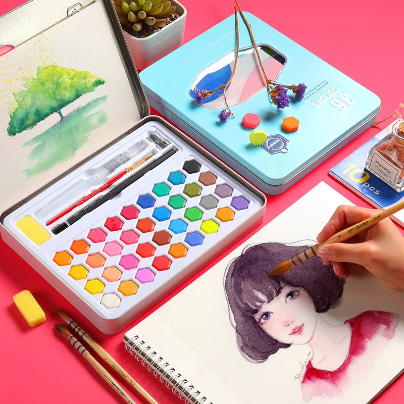 

Solid Watercolor Paint Set -36 Colors Art Set With Water Brush Pen Water Color Pigment Art Supplies for Artist A2004-0802