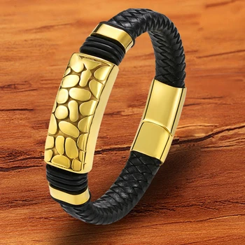 Stainless Steel Gold Magnetic Charm Black Jewelry Men’s Bracelet Genuine Leather Wholesale Accessories New Rope Woven