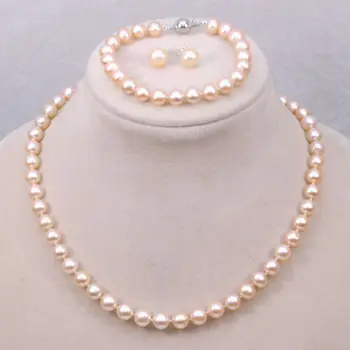 

Set 8-9mm white round Freshwater genuine cultured Pearl necklace bracelet earring