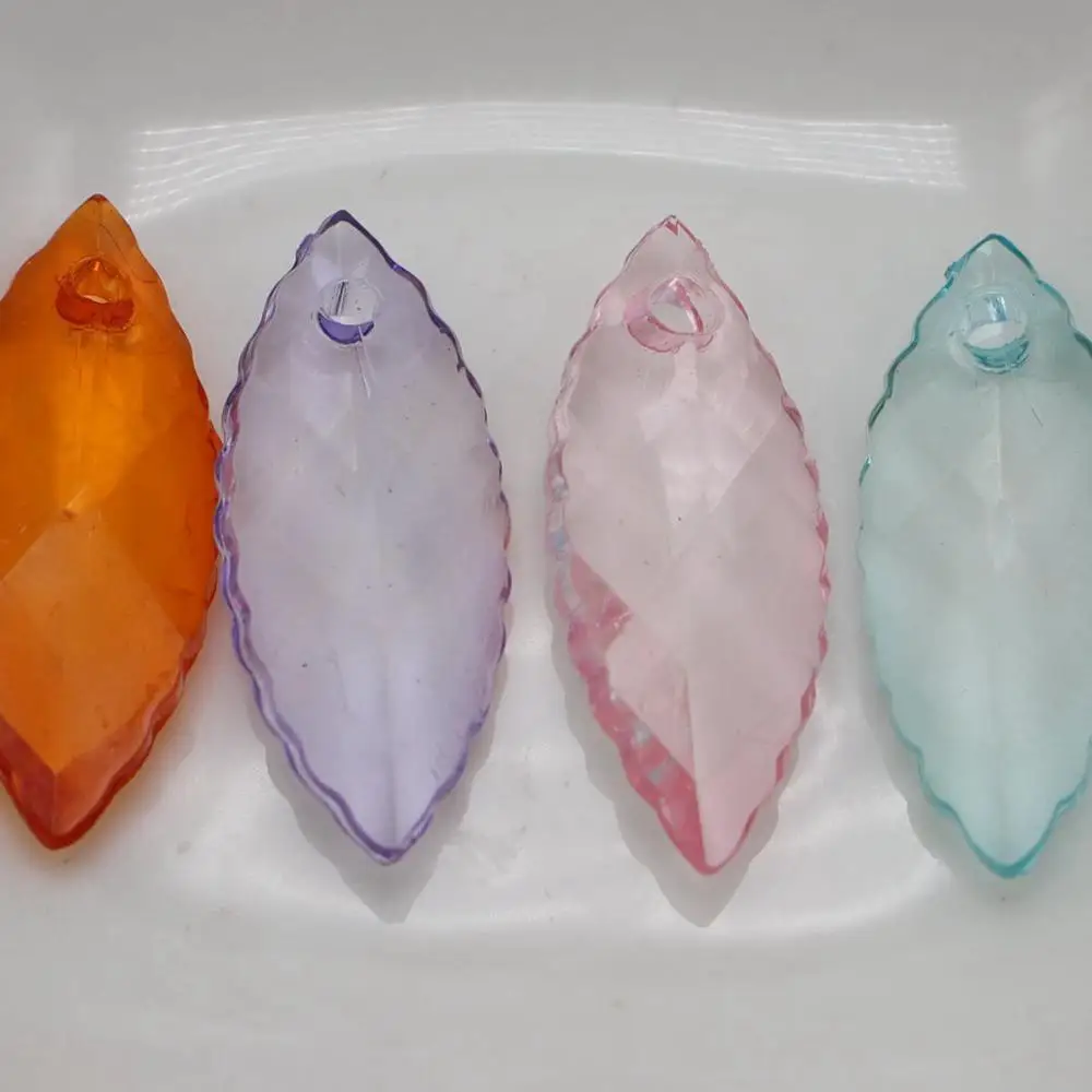 100 Mixed Color Transparent Acrylic Faceted Leaf Charm Pendants 25X10mm