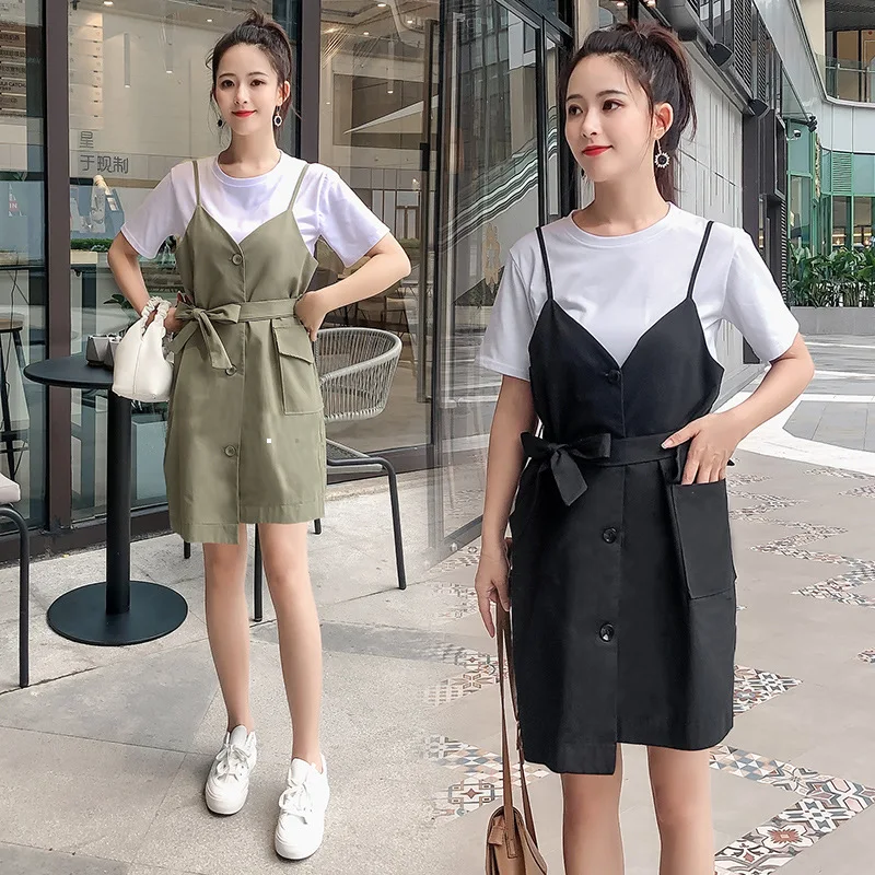 

2019 Summer Wear New Style Korean-style Simple White T-shirt Women's Slimming Versatile Tops Fairy Suspender Strap Dress Outfit