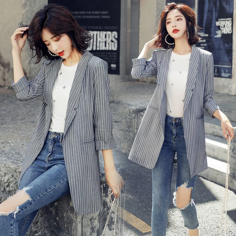 

Small Suit Coat Women's 2019 Spring Clothing New Style Korean-style Graceful Elegant Slim Fit Mid-length Stripes Suit