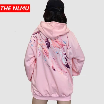 

Pink Hoodies Men Women Harajuku Japanese Feather Print Pullover Sweatshirts Streetwear Fashion Hip Hop Casual Hooded Tops WG481