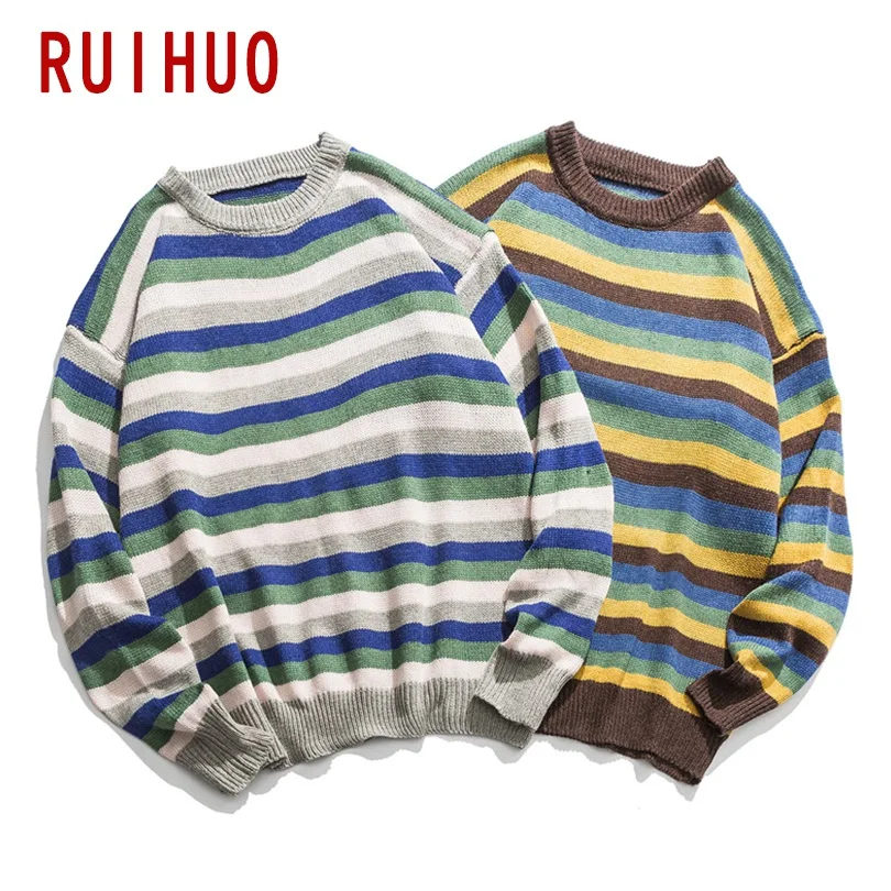 RUIHUO, новинка, осенне-зимний полосатый Повседневный свитер для мужчин с круглым вырезом, облегающий вязаный пуловер, мужской модный бренд, мужские свитера, M-2XL