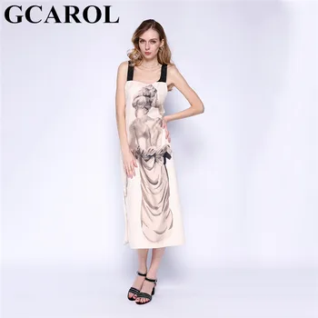 

GCAROL 2020 Summer Straps Long Dress Statue Lady Print Suspender Dress Casual Streetwear Beach Style Dress