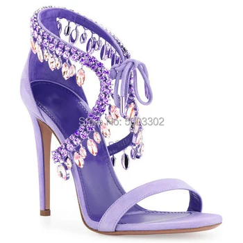 

Luxury Diamond Crystal Embellished Sandal Fringed Gladiator Sandals Women Ankle Tie Stiletto High Heels 10cm Women Purple Pumps