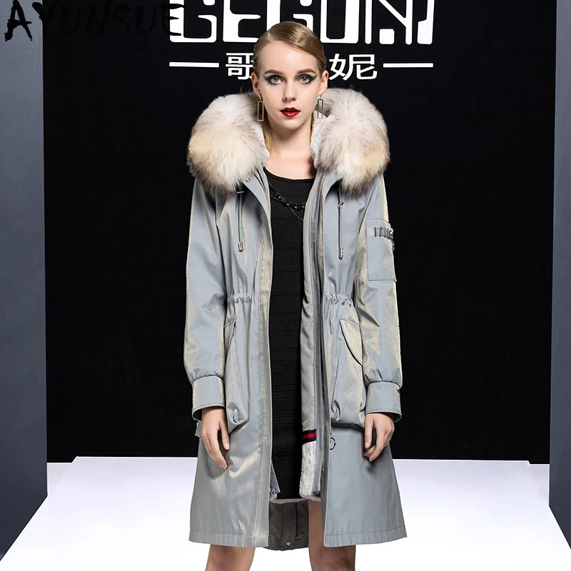 

AYUNSUE 2019 Real Fur Coat Female Real Rabbit Fur Liner Parka Winter Jacket Women Raccoon Fur Collar Korean Long Jackets MY4010