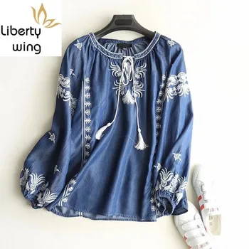 

Tassel Lace Up Embroidery Denim Shirts for Women Spring Fall New O-Neck Long Sleeve Blouse Feminina Casual Loose Fit Tops
