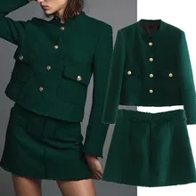 

Maxdutti 2 Pieces Sets England Blazer WomenOffice Lady Texture Gold Buttons Fashion Jackets High Waist A-line Mini Skirts Women