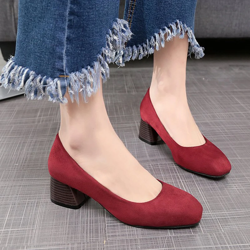 

Solid Brief flock square toe chunky pumps woman autumn retro shallow single shoes OL slip on work mary janes loafers all-match