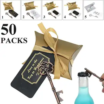 

50pcs Metal Key Beer Bottle Opener Wine Ring Keychain Wedding Party Favors Vintage Candy Box Antique Gifts for Guests