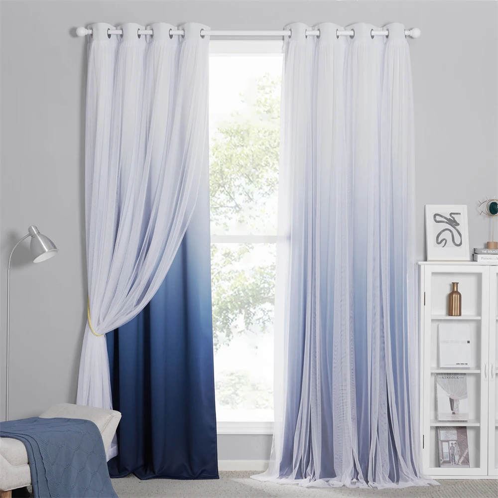 NICETOWN Gradient Double-Layered Drapes Blackout Curtains Mix Match Modern Window Sheer for Living Room/Bedroom Free Tie-backs 
