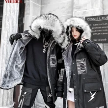Зимнее пальто в стиле хип-хоп для мужчин и женщин, Длинные парки с меховым воротником, утепленная Вельветовая куртка с капюшоном, удлиняющая пару, Harajuku, высокое качество