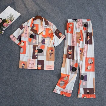 

2020 Summer New Satin Chiffon Lovers Pajamas Women Ice Silk Short Sleeve Silk Suit Pyjamas Couple Cartoon Pajamas Set