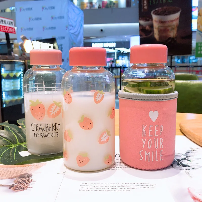 Kawaii Strawberry Water Bottle Glass Cup with Protective Case Drinking Bottle Transparent Cute