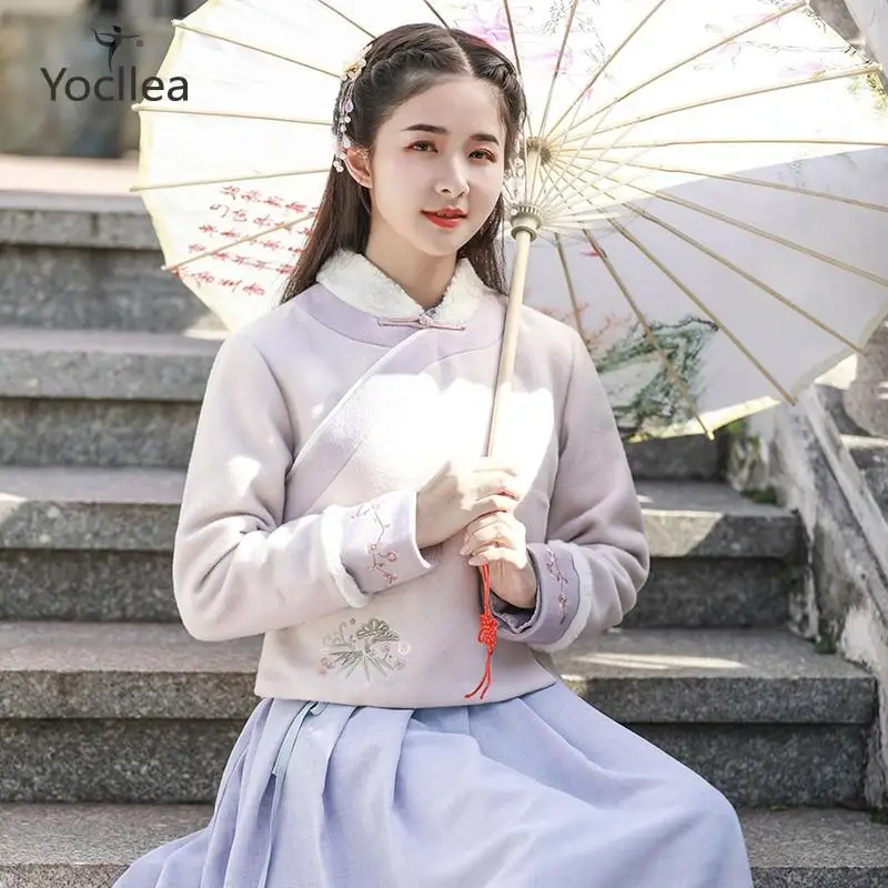 Hanfu/Зимний комплект из 2 предметов для молодых девушек, женская одежда винтажное шерстяное короткое пальто УТЕПЛЕННЫЙ ТОП с вышивкой и бантом+ платье с длинными рукавами, костюм