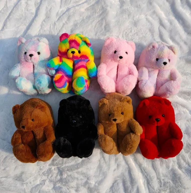 Women Teddy Bear Plush Slippers Cartoon Cute Bear House Slipper Winter Warm Furry Faux Fur Slides Woman Furry Flip Flop Shoes