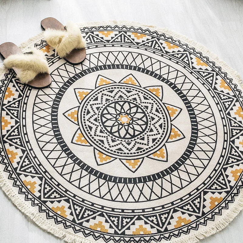 

Nordic Cotton and Linen Tassel Woven round Carpet area rug Bohemia circle carpet for living room bedroom bedside floor rug