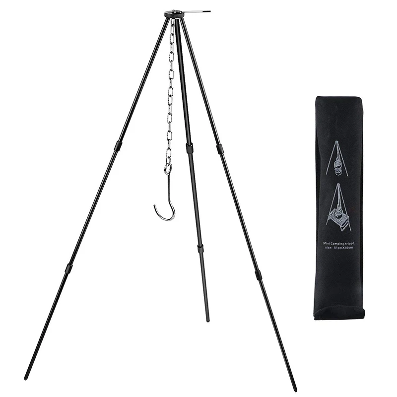 ELOS-Portable Hanging Pot Outdoor Camping Picnic Cooking Tripod Durable Bonfire Picnic Pot Casting Barbecue Hanging Tripod Black