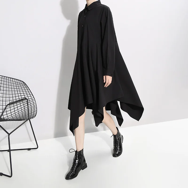 

Simplee Long Sleeve Black Shirt Dress Autumn Dress New Fashion Women's Loose Lapel Casual Asymmetrical Dress Plus Size Dress