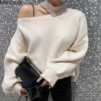 

Korean Shoulder Open Knitted Sweaters Tops Women 2020 Autumn Winter Lantern Sleeve Turtleneck Pullover Fashion Ladies Jumpers