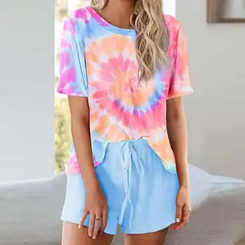 

Women Wardrobe 2 Piece Pajamas Tie Dye Print Short Sleeve T-Shirt Drawstring Shorts Set Sleepwear Loungewear