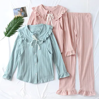 

Women Knitted pajamas Cotton Maternity Clothing Loose Plus Size Sleepwer Winter Solid Color Breast-feeding Lapel Pajama Set