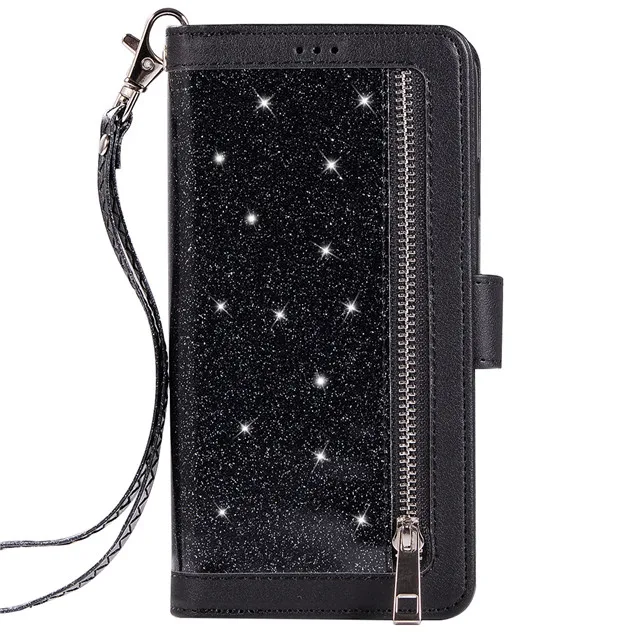 Роскошный кожаный кошелек для iPhone 11 Pro MAX 7 plus, флип-чехол с блестками для iPhone X XS MAX XR 6 6s 7 8 Plus, держатель для карт Cov на молнии - Цвет: Black