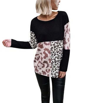 

2020 Autumn And Winter Top Sweater Fashion Round Neck Feature Leopard Stitching Printed Long-sleeved Sweater
