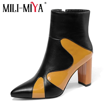 

Hot sale 2019 Autumn newest fashion mixed colors pointed toe genuine leather women shoes high square heel zipper ankle boots
