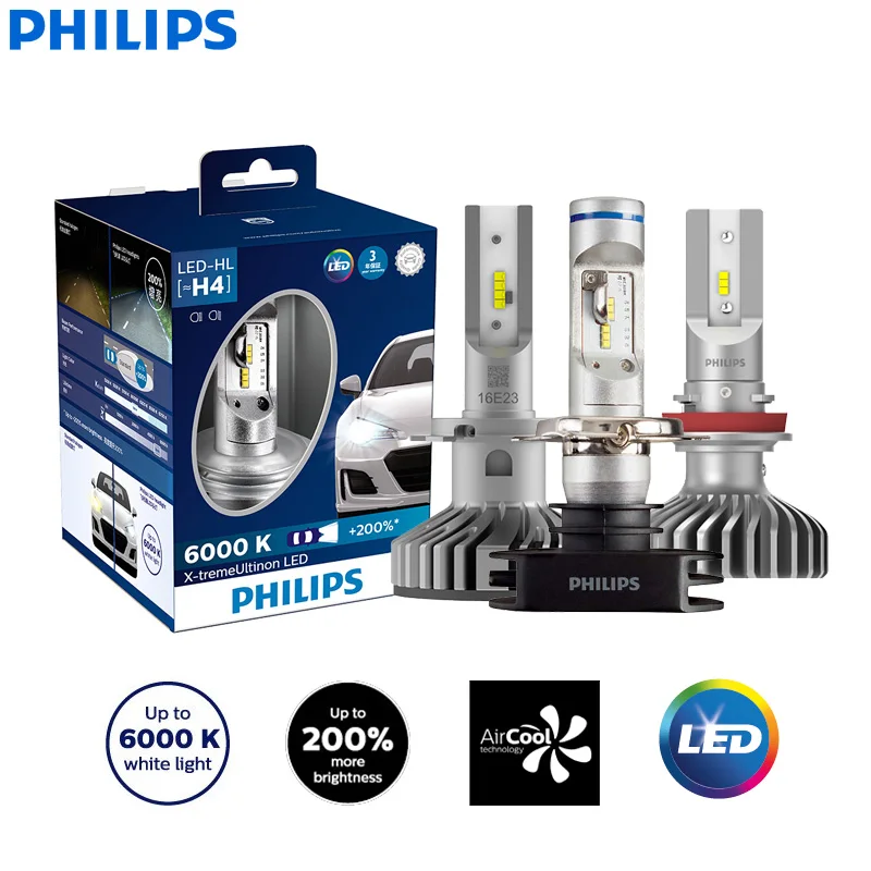 Philips X-treme Ultinon светодиодный H4 H7 H8 H11 H16 9005 9006 HB3 HB4 12 в 6000 К Автомобильный светодиодный головной светильник Автомобильные противотуманные фары+ 200% ярче(двойной