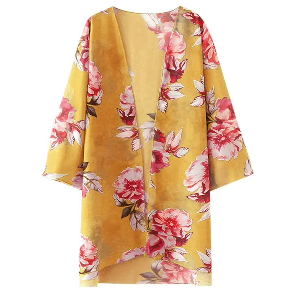 Женская летняя пляжная Повседневная шифоновая блузка-кимоно с цветочным принтом, женская модная свободная накидка от солнца
