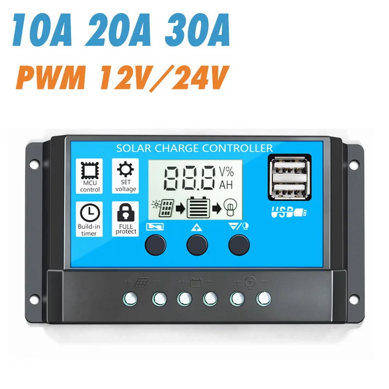 10A/20A/30A Смарт Температура контроль Системы блок управления установкой на солнечной батарее режимы Auto, pwm контроллер с двумя разъемами USB, 5 В, Выход Панели солнечные PV регулятор