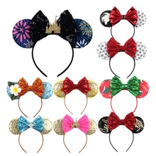 

2022 Disney Castle Fireworks Mickey Ear Headband Sequins Bow Girl Cosplay Hairband Adult/Kid Party Gift Children Hair Accessorie
