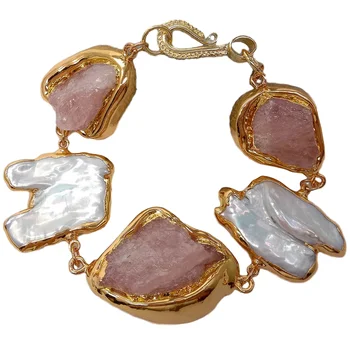 

Natural Pink Morganite Rough Cultured White Keshi Pearl Bracelet 8.5"
