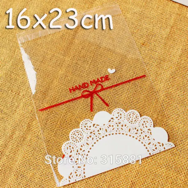 "Lace Doily Bow HAND MADE Print" Упаковка для пищевых продуктов, самоклеющиеся пакеты, пакеты для печенья, обертки для торта и печенья 16X23 см 200 шт./лот