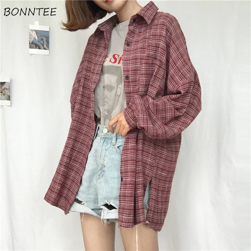 Skup Koszule damskie 2019 klasyczne Retro eleganckie puchowe kieszenie z kołnierzykiem Plaid koszulka damska z pełnym rękawem luźne rekreacyjne dziewczyny w stylu koreańskim