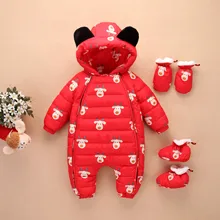 Детские комбинезоны; зимняя одежда для новорожденных; Лыжная одежда для маленьких мальчиков и девочек; комбинезон с капюшоном и медвежьими ушками; Верхняя одежда для малышей