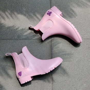 

Waterproof Women Chelsea Rain Boots Elastic Short Ankle Booties Platform Shoes Poker Card Clubs Appliques