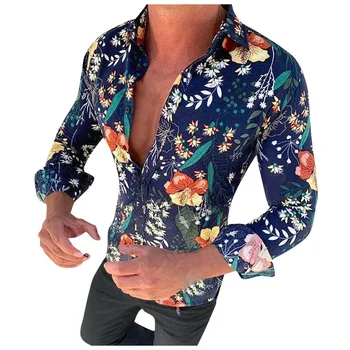 

Helisopus Harujuku Men Shirts Polyester Fashion Flower Printed Shirt Casual Slim Fit Turn-down Collar Streetwear Long Sleeve Top