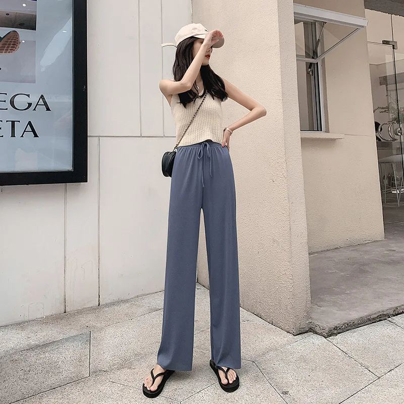 2023 Loose Ice Silk Wide-Leg Pants Women'S High Waist Black