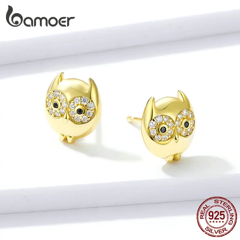 bamoer 925 Sterling Silver Night Owl Animal Stud Earrings for Women Gold Color Silver 925 Fine Jewelry Earings for Kids BSE304