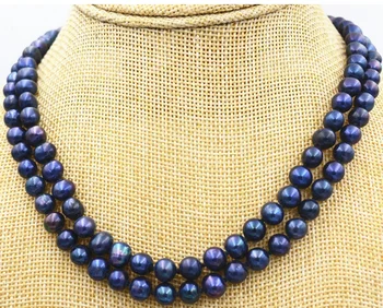 

NEW Beautiful 2 row 7-8mm Black akoya Tahiti Freshwater Pearl Necklace 17-18"
