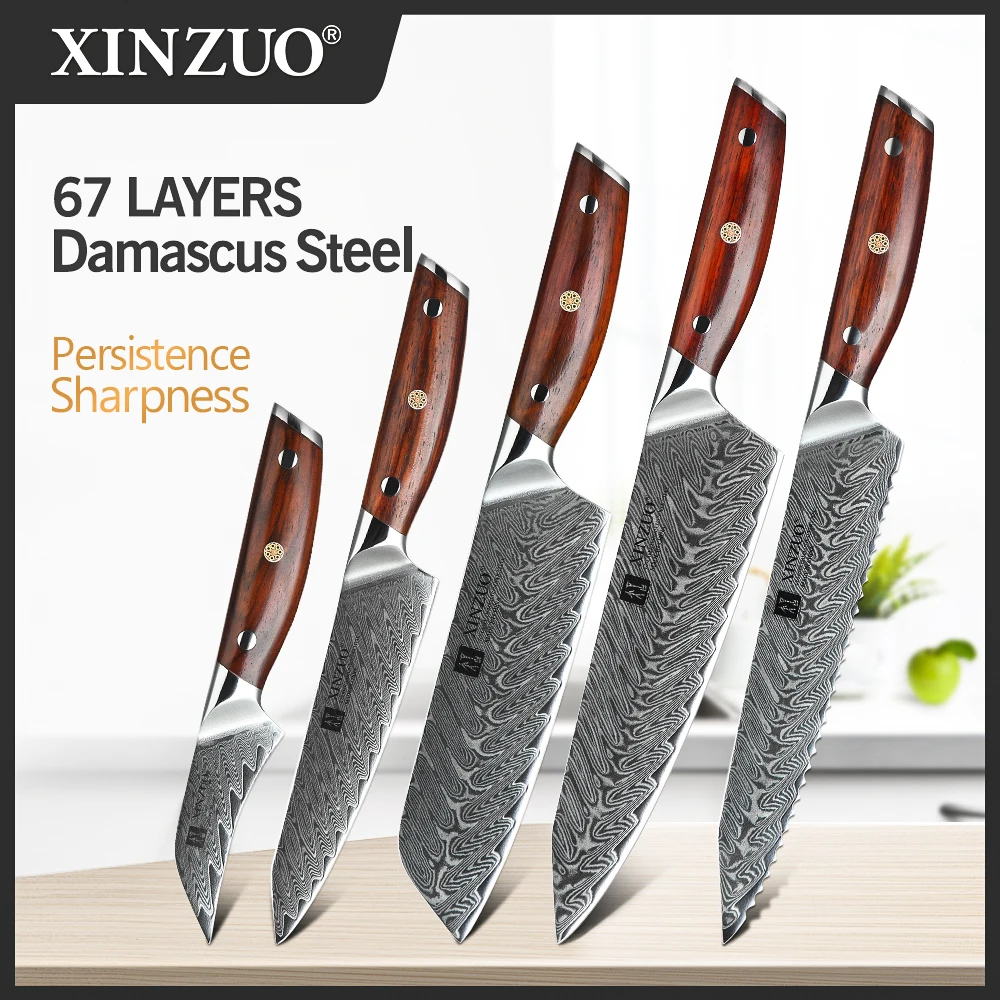 5PCS Knife Set with Sharpener Stainless Steel Damascus Style Chef Kitchen  Knives